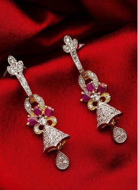 Glitzy Alloy Rose Pink and White Stone Work Earrings