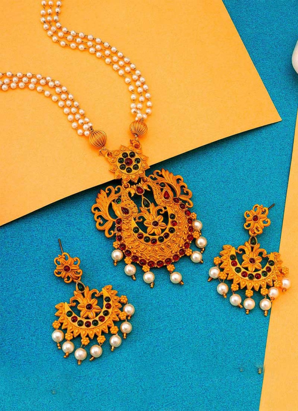 Glitzy Beads Work Gold Rodium Polish Necklace Set
