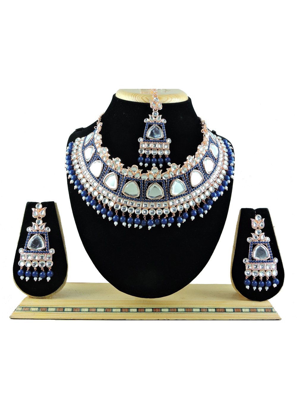 Glitzy Beads Work Navy Blue and Off White Gold Rodium Polish Necklace Set