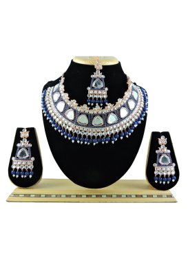 Glitzy Beads Work Navy Blue and Off White Gold Rodium Polish Necklace Set
