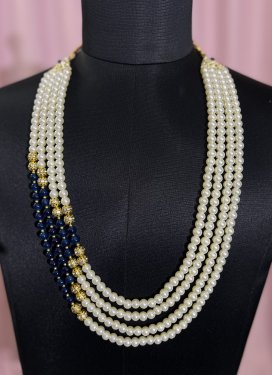 Glitzy Gold Rodium Polish Beads Work Alloy Navy Blue and Off White Necklace