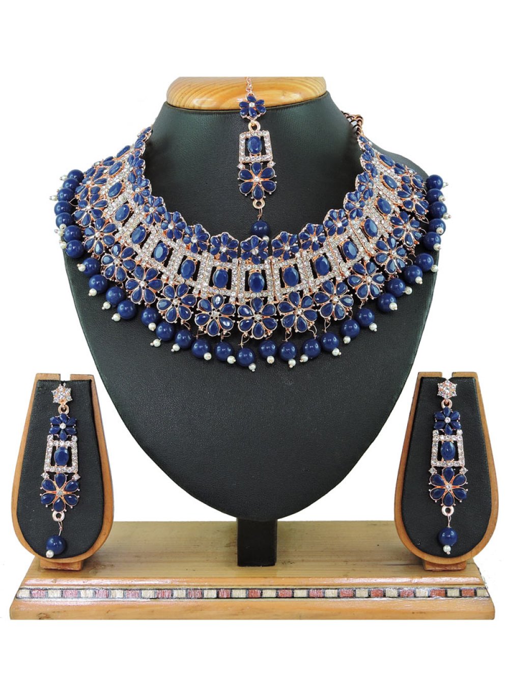 Glitzy Gold Rodium Polish Beads Work Navy Blue and White Necklace Set for Bridal
