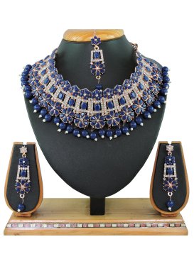 Glitzy Gold Rodium Polish Beads Work Navy Blue and White Necklace Set for Bridal