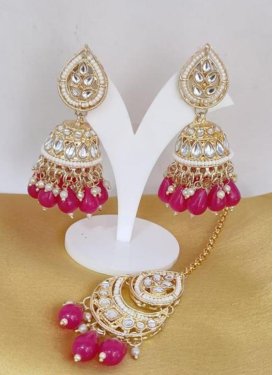 Glitzy Gold Rodium Polish Beads Work Rose Pink and White Earrings Set for Party