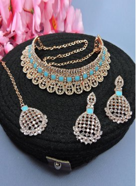 Glitzy Light Blue and White Stone Work Necklace Set For Festival