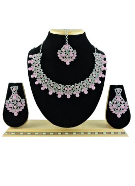 Glitzy Pink and Silver Color Alloy Necklace Set For Festival