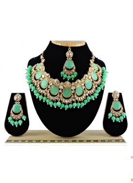 Glitzy Sea Green and White Beads Work Necklace Set
