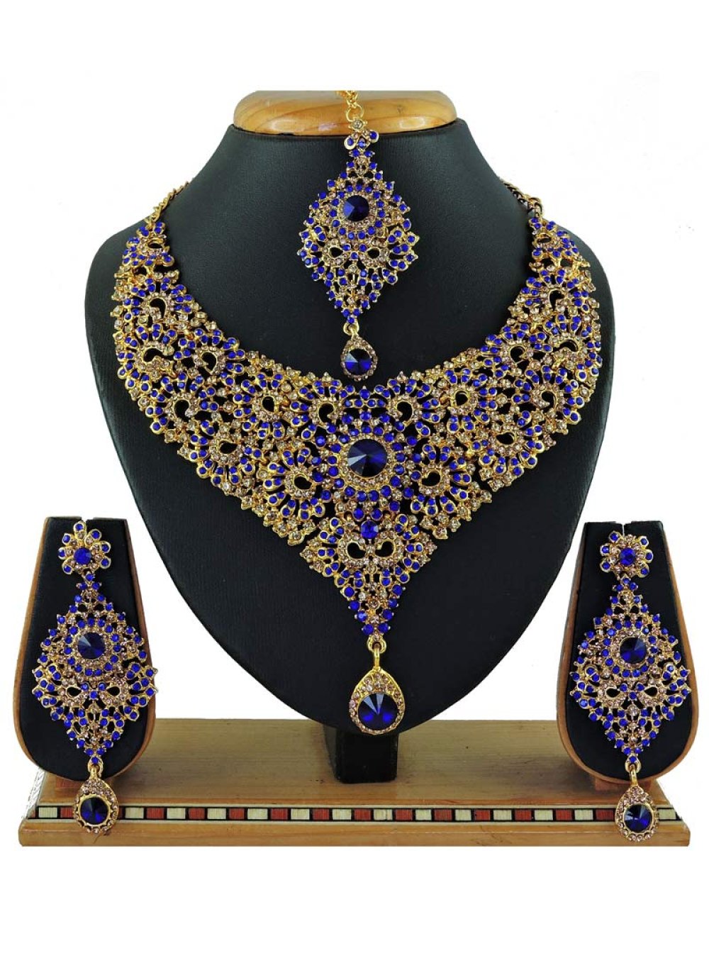 Glitzy Stone Work Blue and Gold Alloy Necklace Set