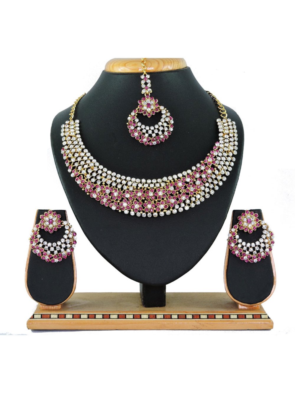 Glitzy Stone Work Hot Pink and White Gold Rodium Polish Necklace Set