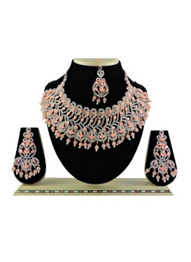 Glorious Alloy Beads Work Peach and White Gold Rodium Polish Necklace Set