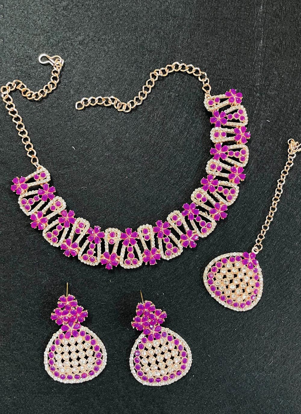 Glorious Alloy Stone Work Magenta and White Necklace Set