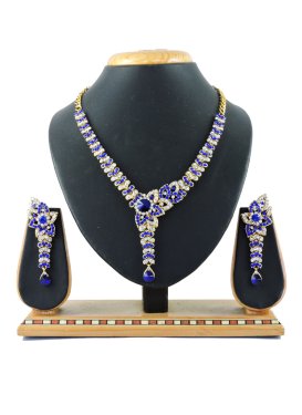 Glorious Blue and White Stone Work Alloy Gold Rodium Polish Necklace Set