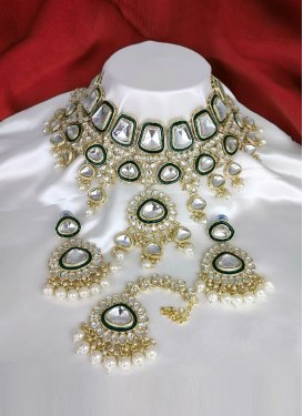Glorious Bottle Green and White Beads Work Gold Rodium Polish Necklace Set