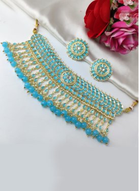 Glorious Gold Rodium Polish Alloy Light Blue and Off White Necklace Set