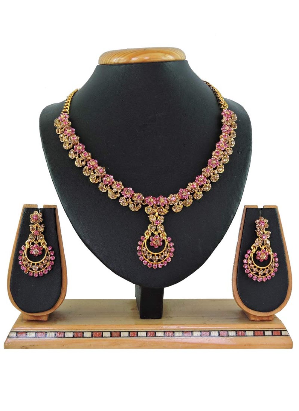 Glorious Gold Rodium Polish Beads Work Alloy Gold and Hot Pink Necklace Set For Ceremonial