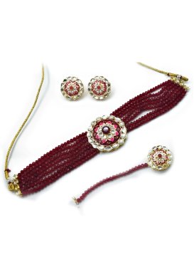 Glorious Maroon and White Beads Work Necklace Set