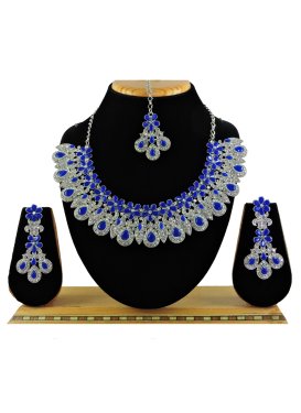 Glorious Silver Rodium Polish Stone Work Blue and White Necklace Set for Festival