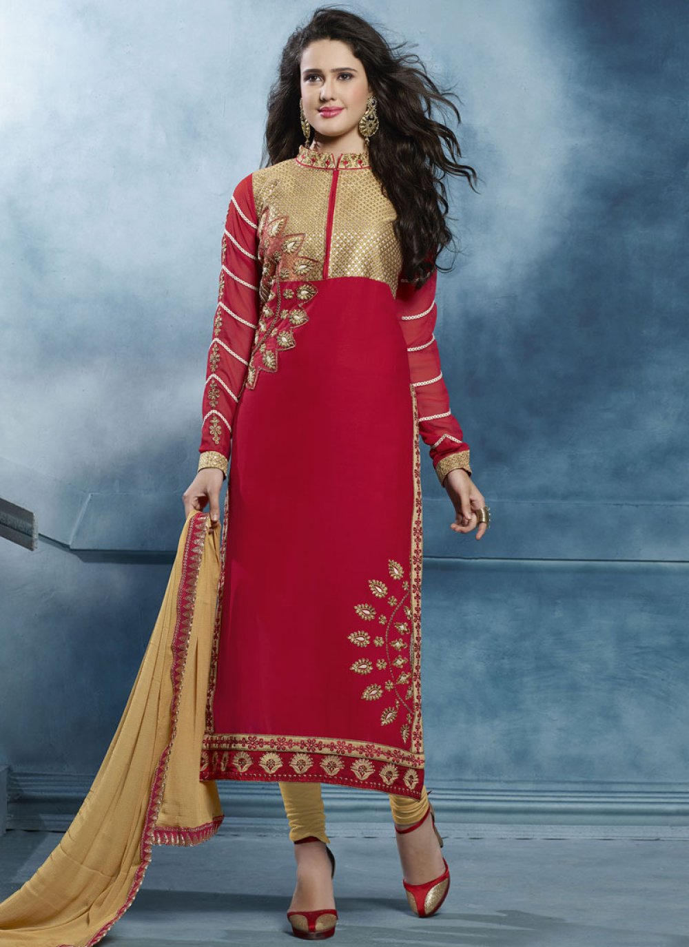 Glossy Beige And Red Color Cotton Churidar Salwar Kameez