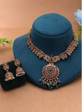 Gold and Maroon Beads Work Gold Rodium Polish Necklace Set