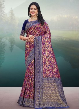 Gold and Purple Designer Contemporary Style Saree For Festival