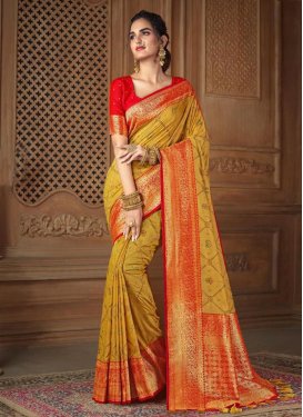 Gold and Red Woven Work Maslin Silk Contemporary Style Saree