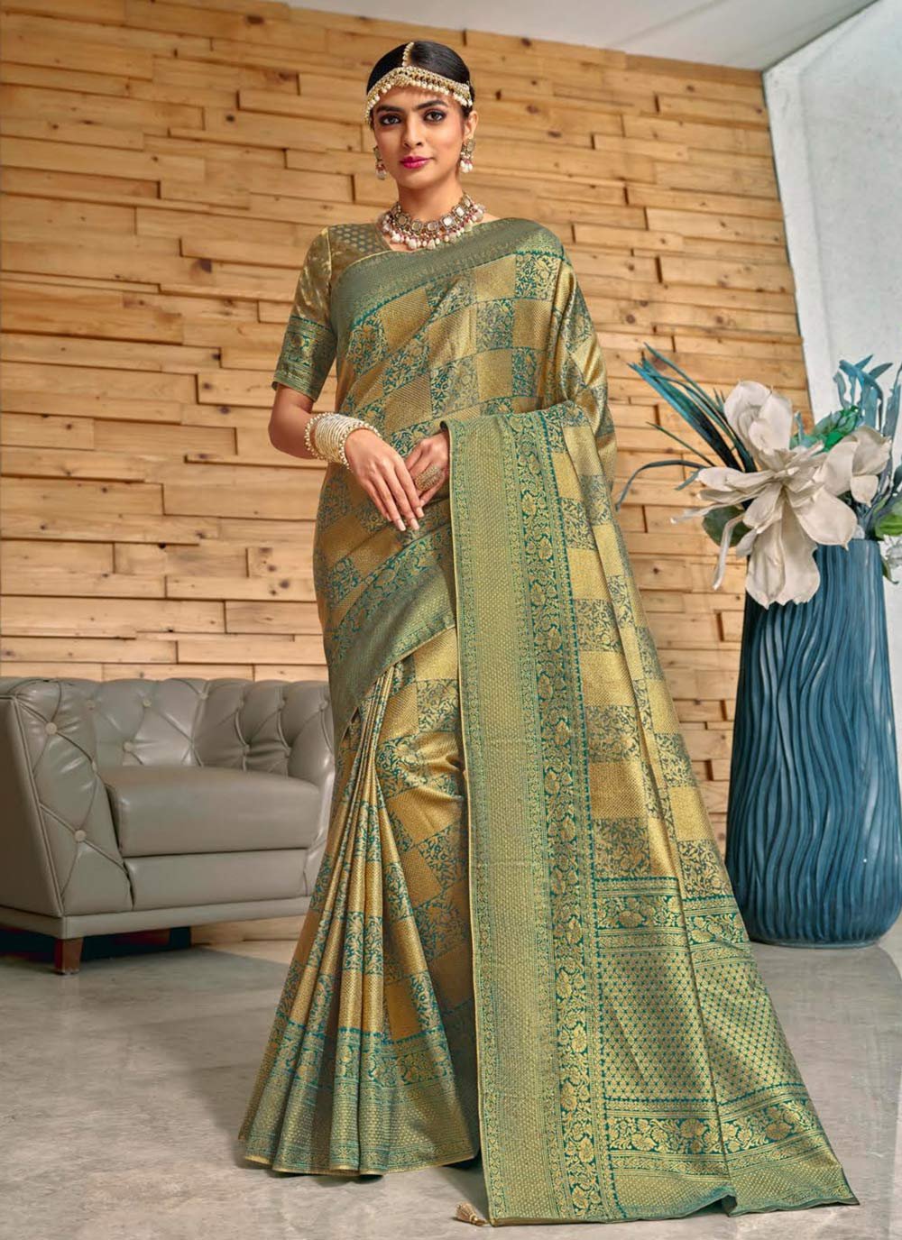Gold and Teal Woven Work Designer Contemporary Style Saree