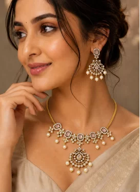 Gold Rodium Polish Beads Work Alloy Pink and White Necklace Set For Festival