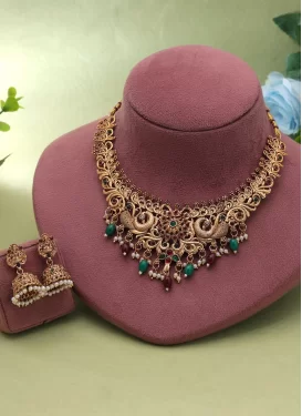 Gold Rodium Polish Beads Work Necklace Set For Party