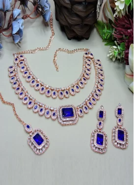 Gold Rodium Polish Blue and White Stone Work Necklace Set