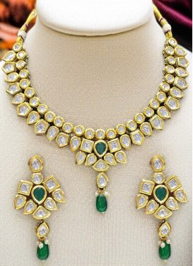 Gold Rodium Polish Green and White Necklace Set For Festival