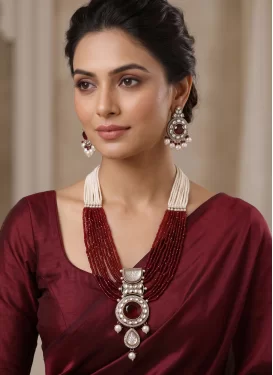 Gold Rodium Polish Maroon and Off White Beads Work Necklace Set