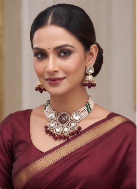 Gold Rodium Polish Maroon and White Beads Work Necklace Set