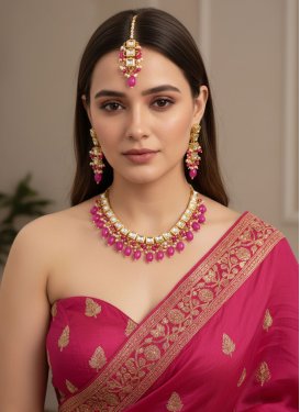 Gold Rodium Polish Rose Pink and White Beads Work Necklace Set