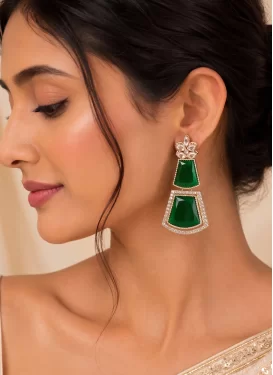 Gold Rodium Polish Stone Work Green and White Earrings for Ceremonial