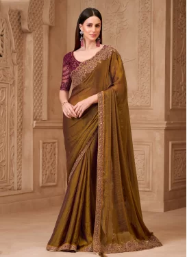 Gold Satin Silk Trendy Saree with Embroidered Work for Party Gold Satin Silk Trendy Saree with Embroidered Work for Party