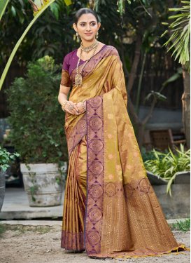 Gold Silk Blend Woven Work Traditional Saree for Women