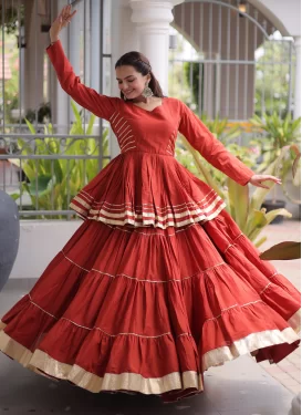 Gota Patti Work Cotton Readymade Lehenga Choli in Tomato for Women