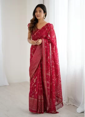 Gota Patti Work Georgette Traditional Saree in Rose Pink for Women