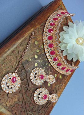 Graceful Alloy Stone Work Rose Pink and White Gold Rodium Polish Necklace Set