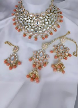 Graceful Beads Work Peach and White Alloy Necklace Set