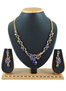 Graceful Blue and Gold Stone Work Necklace Set For Festival