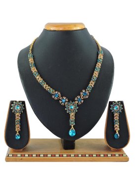 Graceful Gold Rodium Polish Gold and Teal Stone Work Necklace Set