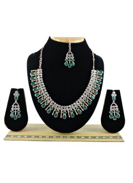 Graceful Gold Rodium Polish Stone Work Alloy Bottle Green and White Necklace Set For Party