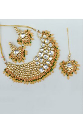 Graceful Green and Mustard Gold Rodium Polish Beads Work Necklace Set