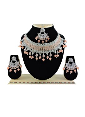 Graceful Peach and Silver Color Beads Work Alloy Silver Rodium Polish Necklace Set