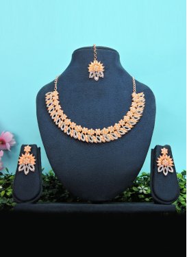 Graceful Peach and White Gold Rodium Polish Necklace Set For Festival