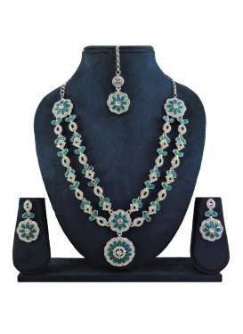 Graceful Silver Rodium Polish Stone Work Alloy Sea Green and White Necklace Set For Festival