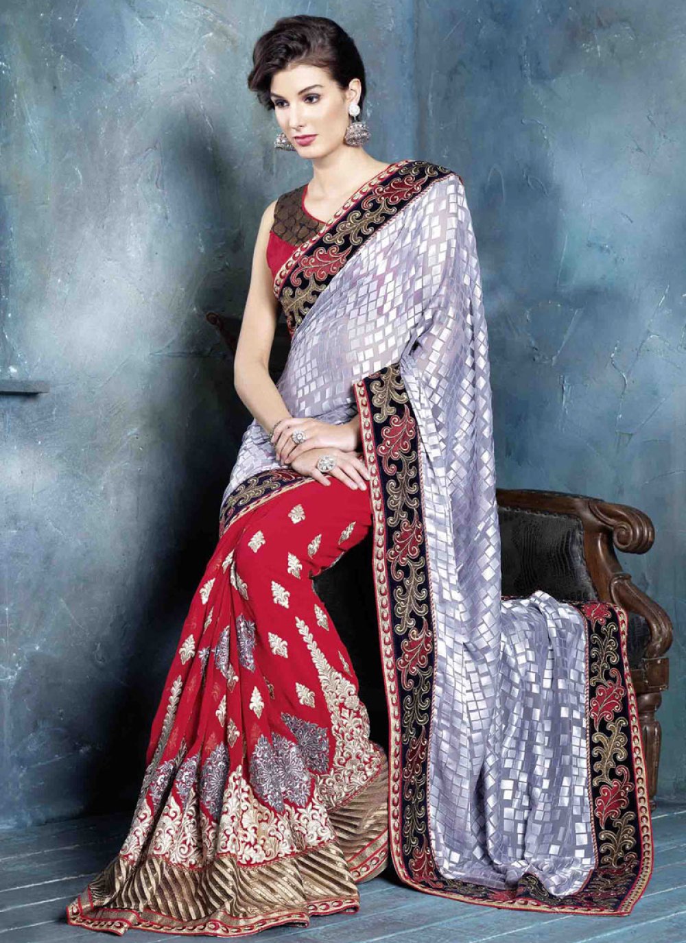 Gratifying Booti And Patch Work Half N Half Party Wear Saree