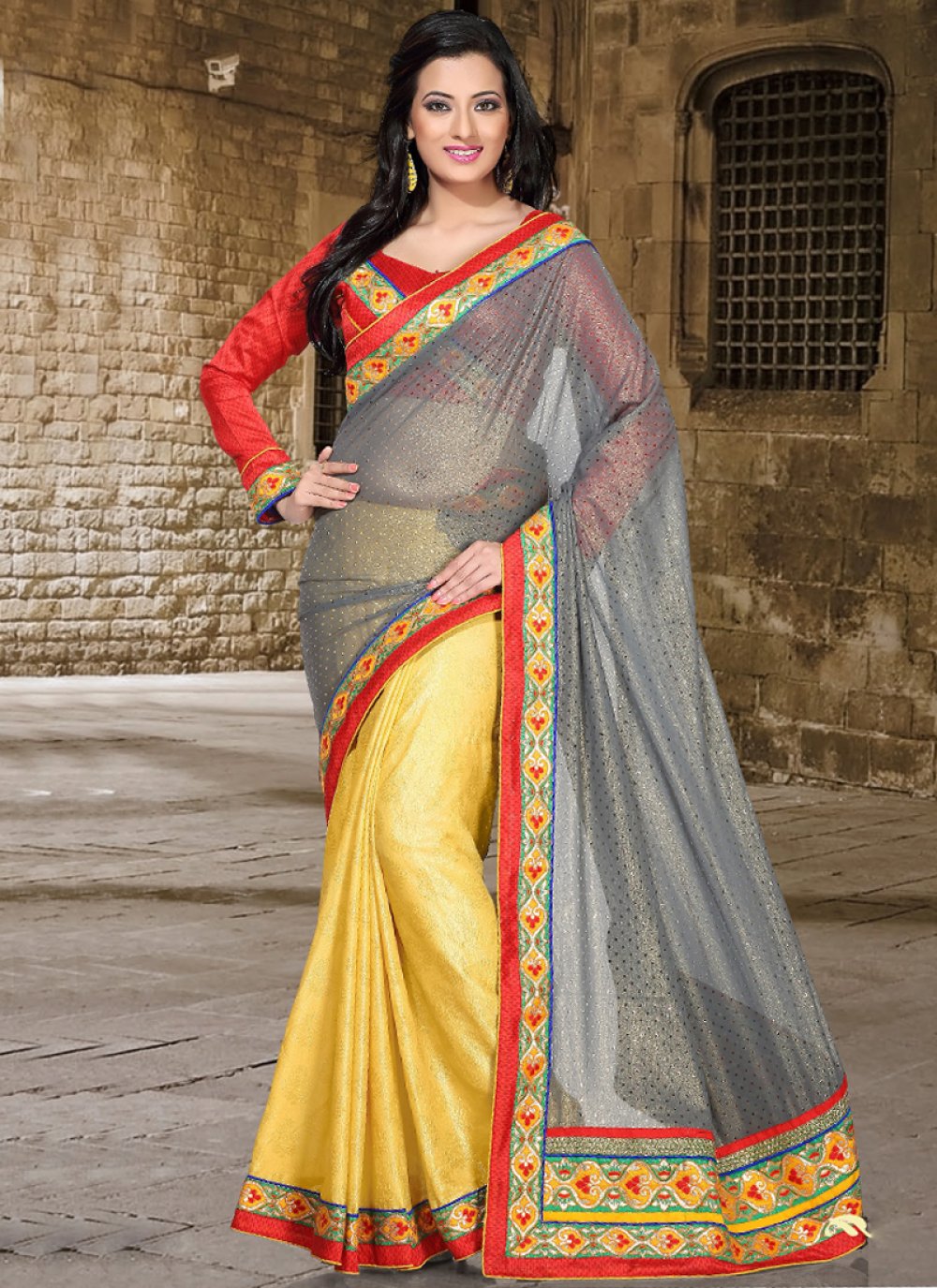 Shop Online Banarasi Silk Hot Pink and Yellow Designer Half N Half Saree :  63243 -