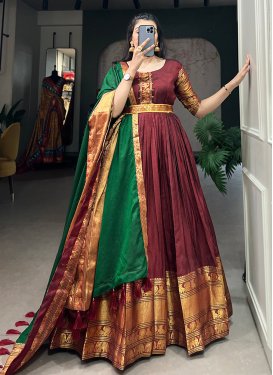 Green and Maroon Cotton Blend Woven Work Readymade Designer Gown